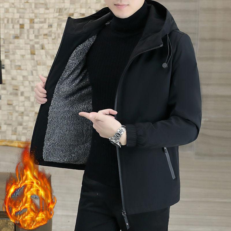Coat Men's Autumn And Winter New Hooded Fleece - lined Thickened Solid Color Men's Jacket - Amazitshop