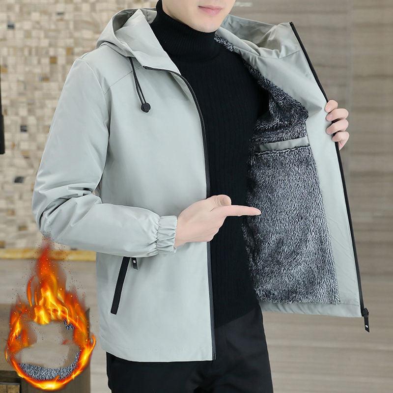 Coat Men's Autumn And Winter New Hooded Fleece - lined Thickened Solid Color Men's Jacket - Amazitshop