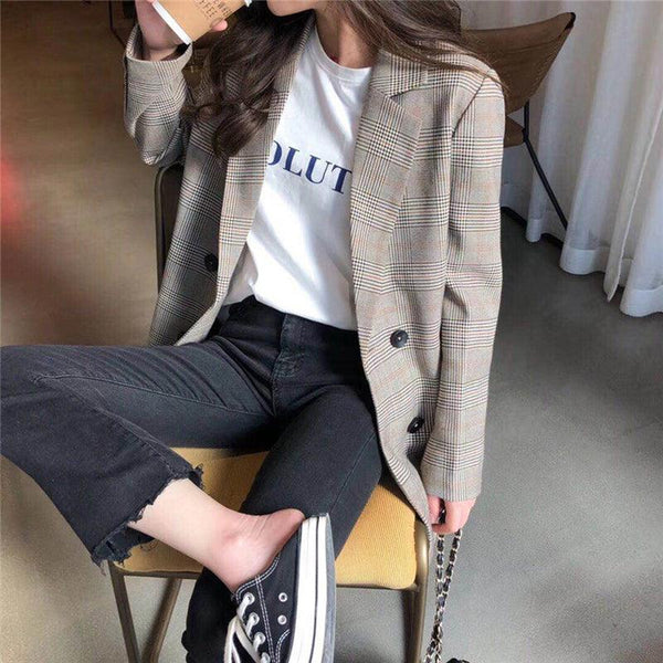 Collar Plaid Women Blazer - Amazitshop