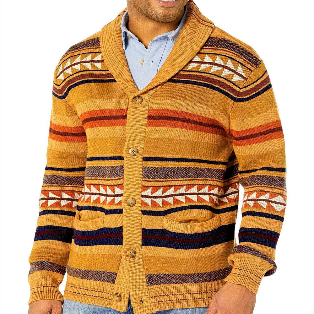 Contrasting Color Jacquard Knitted Cardigan Coat For Men - Amazitshop