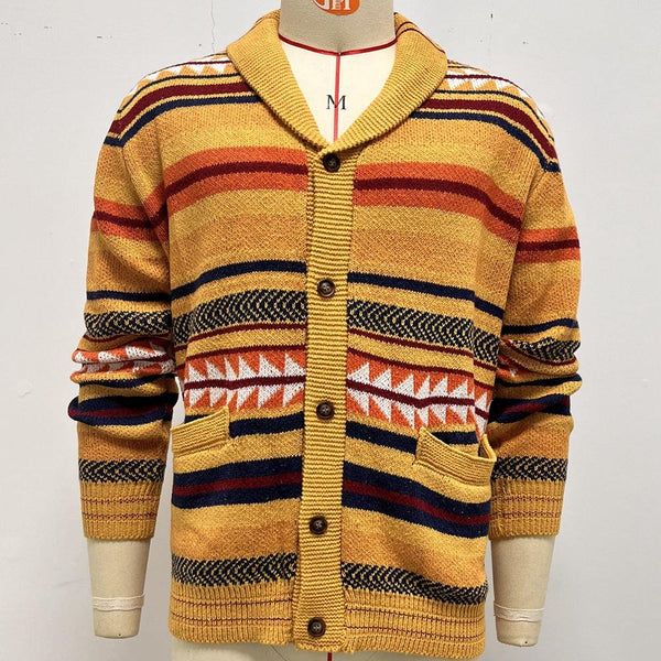 Contrasting Color Jacquard Knitted Cardigan Coat For Men - Amazitshop