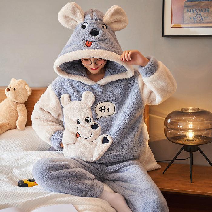 Coral Fleece Couple Pajamas Cute Flannel Loungewear - Amazitshop