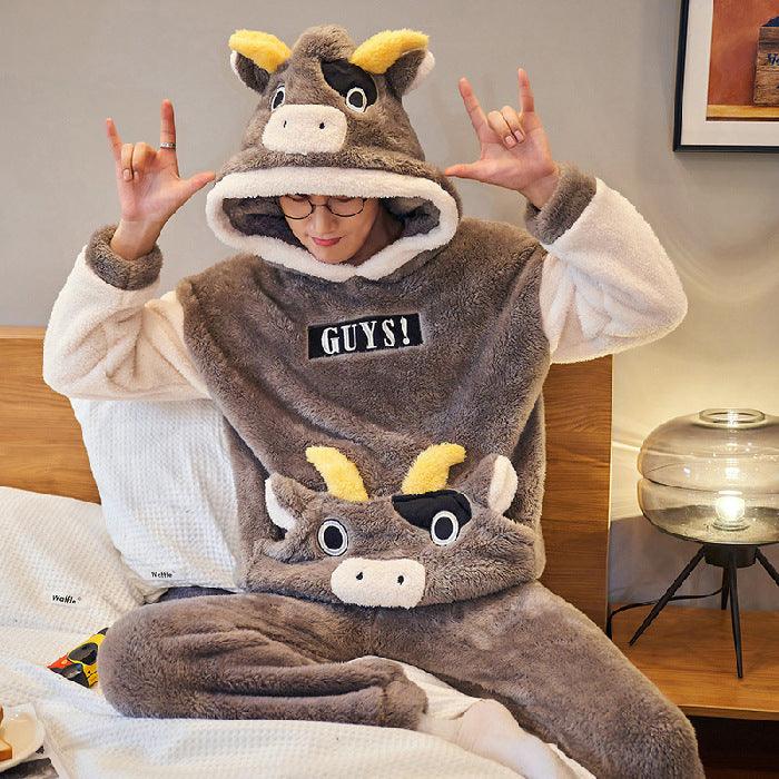 Coral Fleece Couple Pajamas Cute Flannel Loungewear - Amazitshop