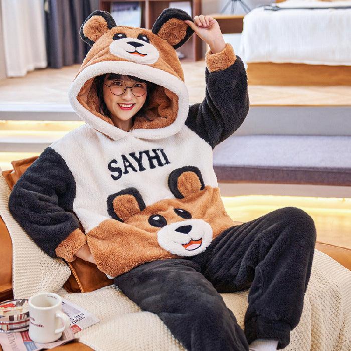 Coral Fleece Couple Pajamas Cute Flannel Loungewear - Amazitshop