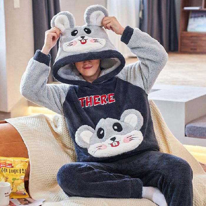 Coral Fleece Couple Pajamas Cute Flannel Loungewear - Amazitshop