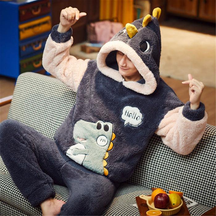 Coral Fleece Couple Pajamas Cute Flannel Loungewear - Amazitshop