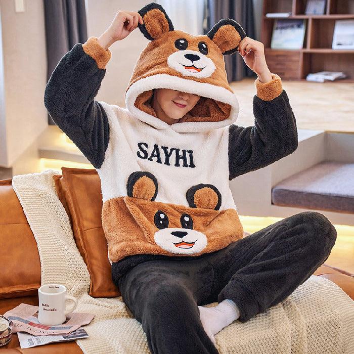 Coral Fleece Couple Pajamas Cute Flannel Loungewear - Amazitshop