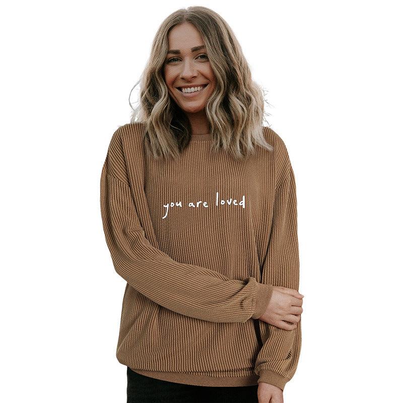 Corduroy Pullover Sweater Letter Printed Long - sleeved Top Women - Amazitshop