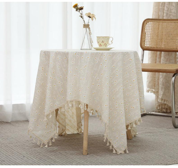 Cotton Linen Embroidery Daisy Tablecloth Decorative Macrame Table Cover Fashion Tassel Table Cloth - Amazitshop