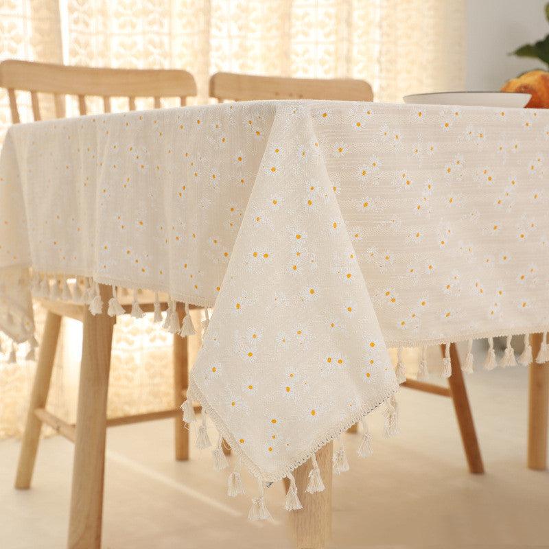 Cotton Linen Embroidery Daisy Tablecloth Decorative Macrame Table Cover Fashion Tassel Table Cloth - Amazitshop