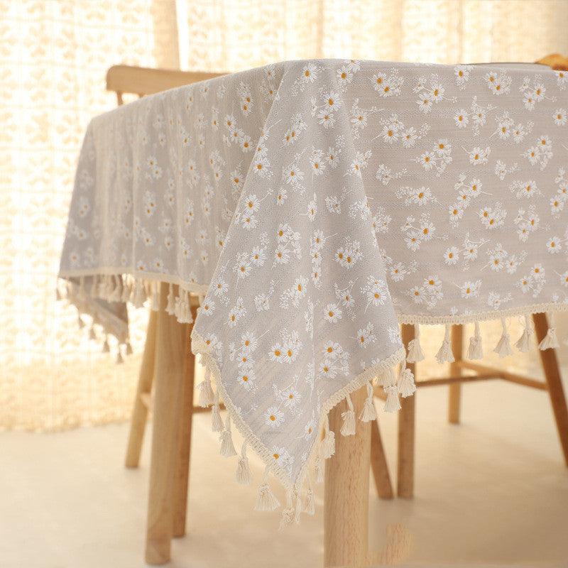 Cotton Linen Embroidery Daisy Tablecloth Decorative Macrame Table Cover Fashion Tassel Table Cloth - Amazitshop