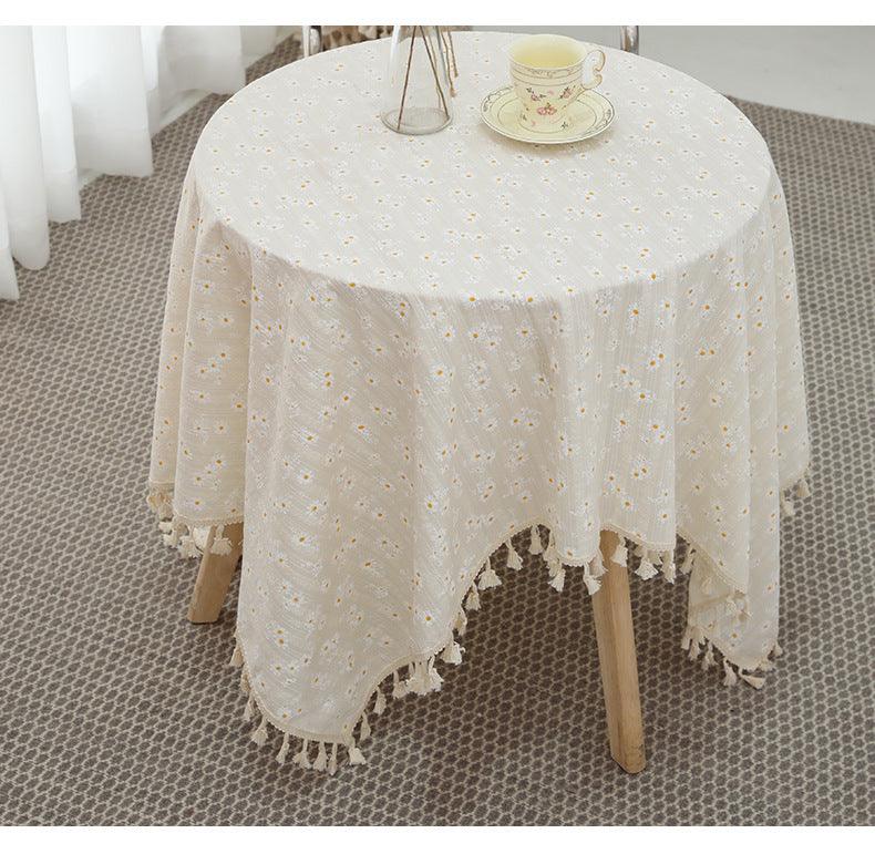 Cotton Linen Embroidery Daisy Tablecloth Decorative Macrame Table Cover Fashion Tassel Table Cloth - Amazitshop