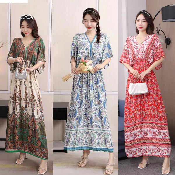 Cotton Silk Floral Dress Women's Summer Ethnic Style V - neck Short Sleeve Pastoral Style Skirt - Amazitshop