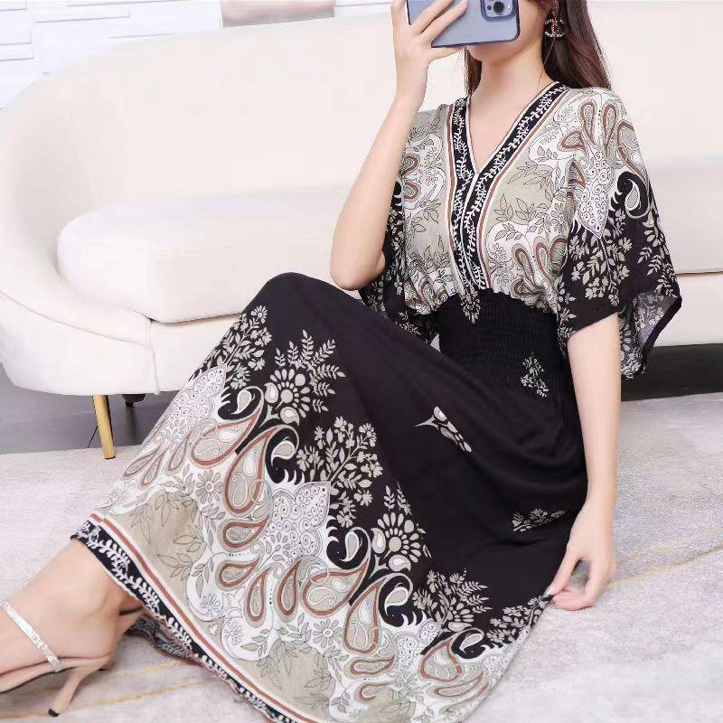 Cotton Silk Floral Dress Women's Summer Ethnic Style V - neck Short Sleeve Pastoral Style Skirt - Amazitshop