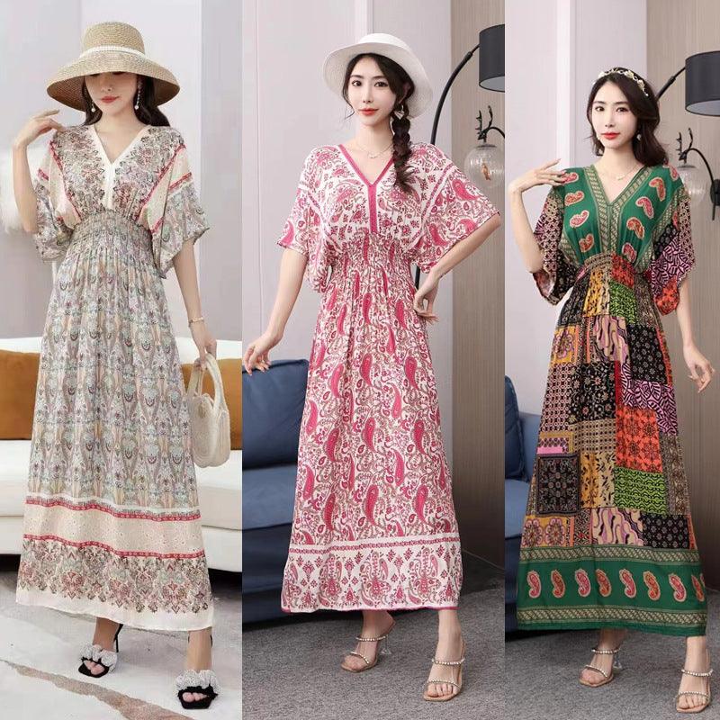 Cotton Silk Floral Dress Women's Summer Ethnic Style V - neck Short Sleeve Pastoral Style Skirt - Amazitshop