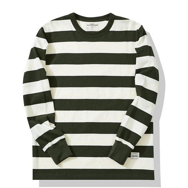 Cotton Striped Long Sleeve T-Shirt Men Classical Casual Thick Pullover Tops - Amazitshop