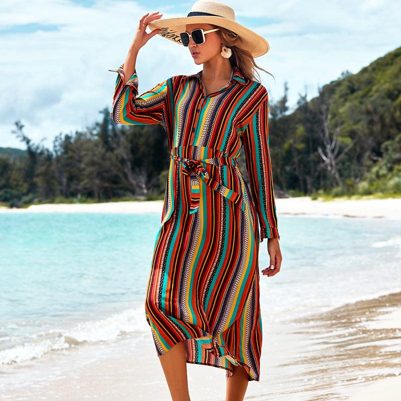 Cover The Flesh And Show The Thin Color Striped Beach Skirt Seaside Vacation Long - Sleeved Sun Protection Clothing Long Shirt Swimsuit Coverall Jacket - Amazitshop