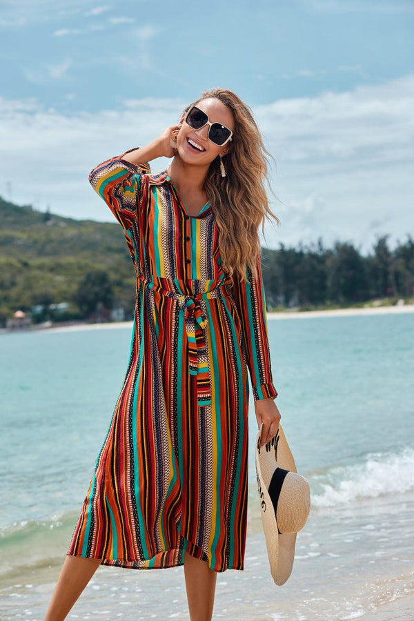 Cover The Flesh And Show The Thin Color Striped Beach Skirt Seaside Vacation Long - Sleeved Sun Protection Clothing Long Shirt Swimsuit Coverall Jacket - Amazitshop