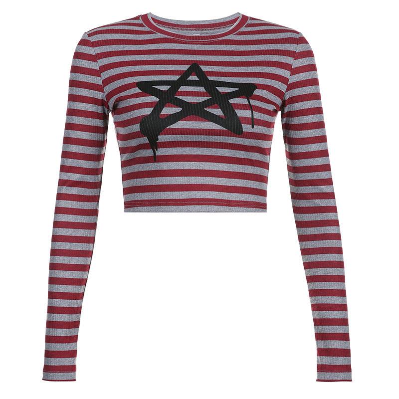 Crewneck Striped Pentagram Slim Fashion Long - sleeved T shirt - Amazitshop