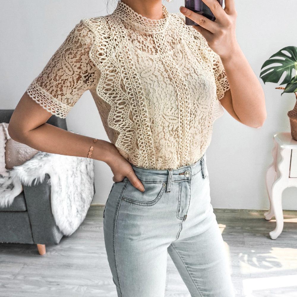 Crochet Lace Short - sleeved Casual Top - Amazitshop