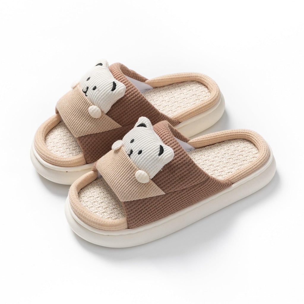 Cute Cartoon Bear Slippers Spring And Autumn Fashion Thick - soled Mute Linen Slipper Women's House Shoes - Amazitshop