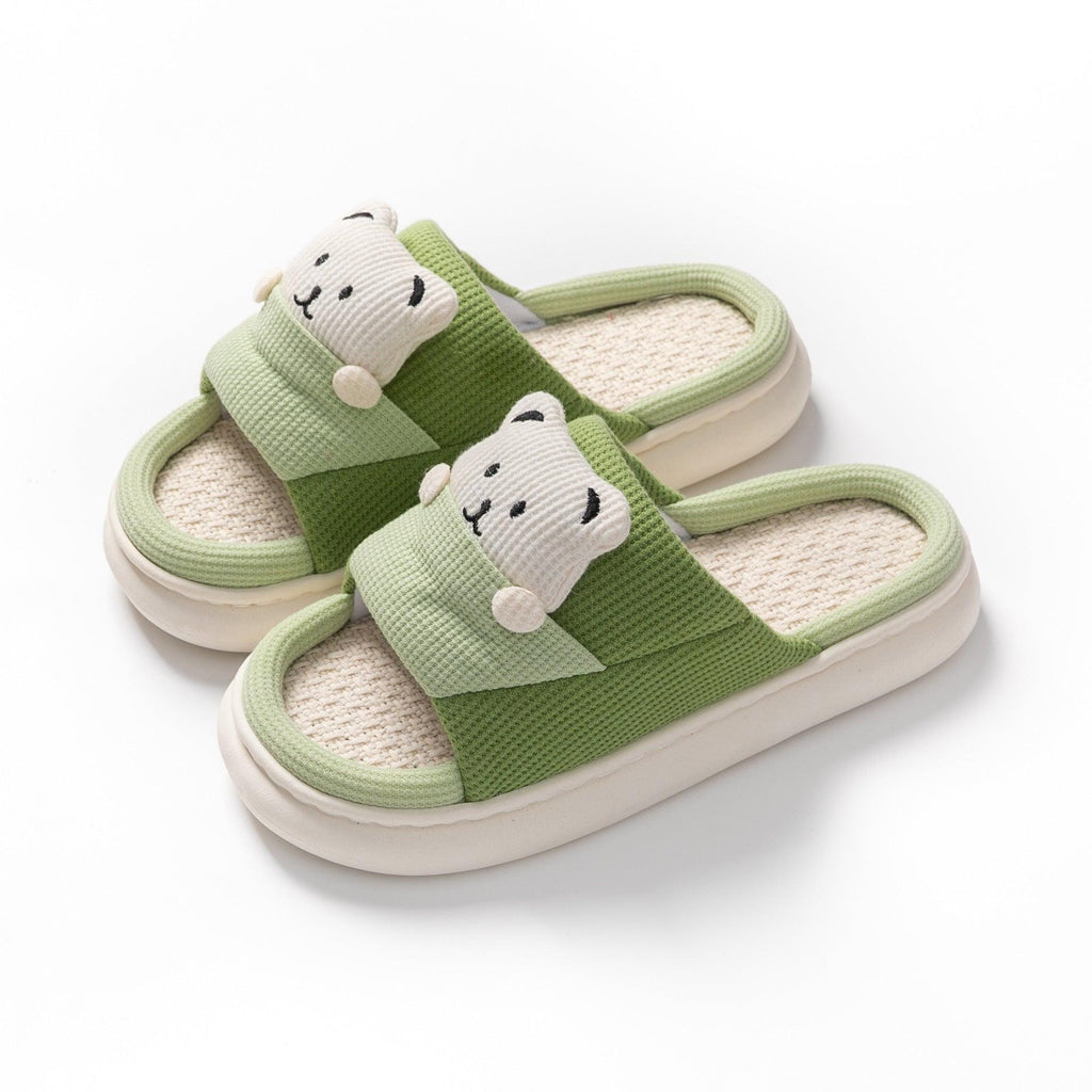 Cute Cartoon Bear Slippers Spring And Autumn Fashion Thick - soled Mute Linen Slipper Women's House Shoes - Amazitshop