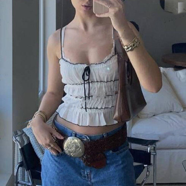 Cute Lace Up Bow Ruffles Spaghetti Strap Camis Y2k - Amazitshop