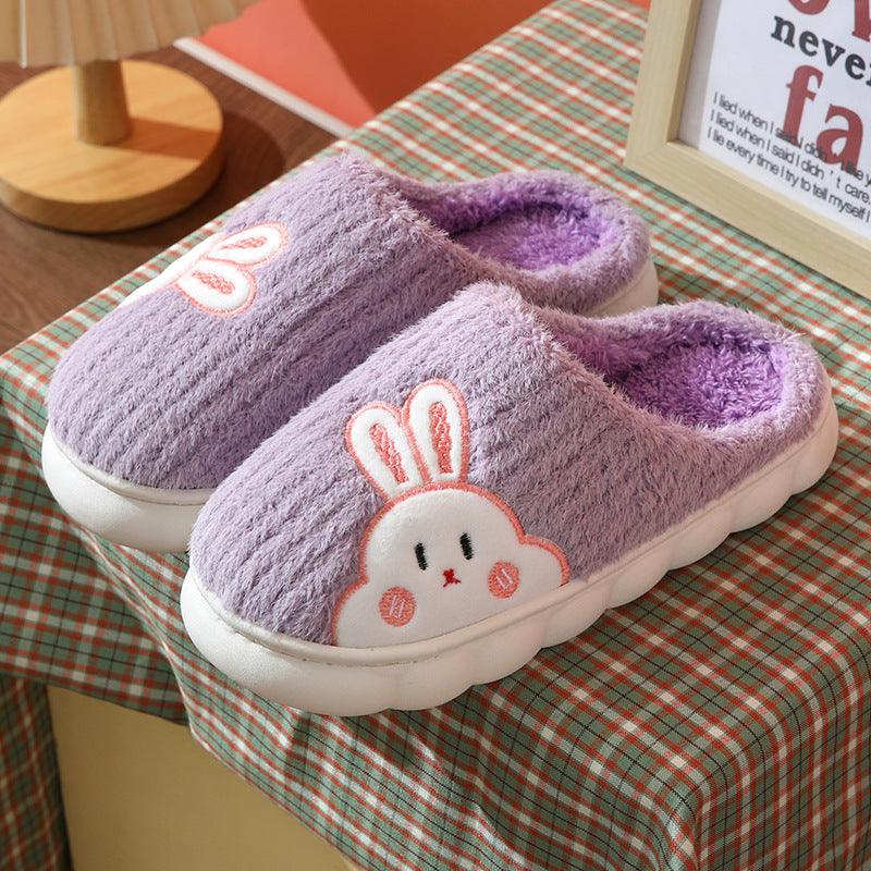 Cute Rabbit Striped Slippers For Women Thick - soled Indoor Couples Warm Winter Non - slip Home Slipper Plush Cotton Shoes - Amazitshop