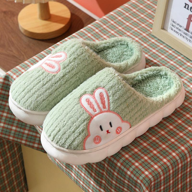 Cute Rabbit Striped Slippers For Women Thick - soled Indoor Couples Warm Winter Non - slip Home Slipper Plush Cotton Shoes - Amazitshop