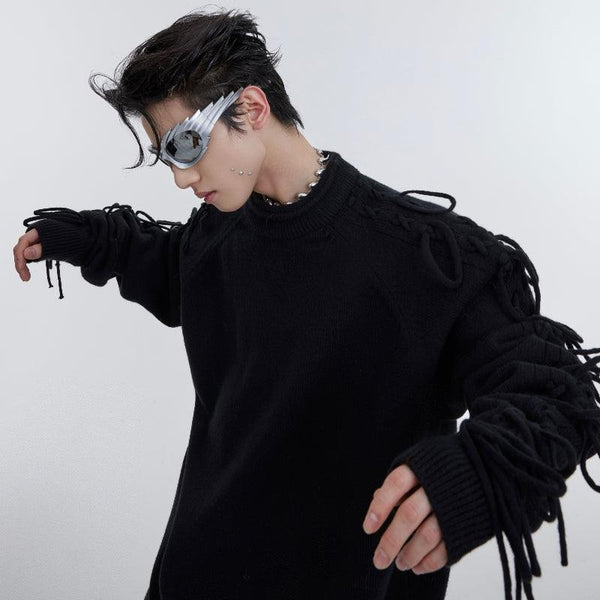 Deconstructed Fringe Design Crease Crease Neck Knit Sweater - Amazitshop