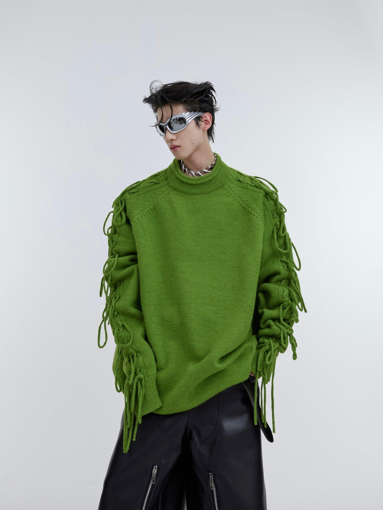 Deconstructed Fringe Design Crease Crease Neck Knit Sweater - Amazitshop