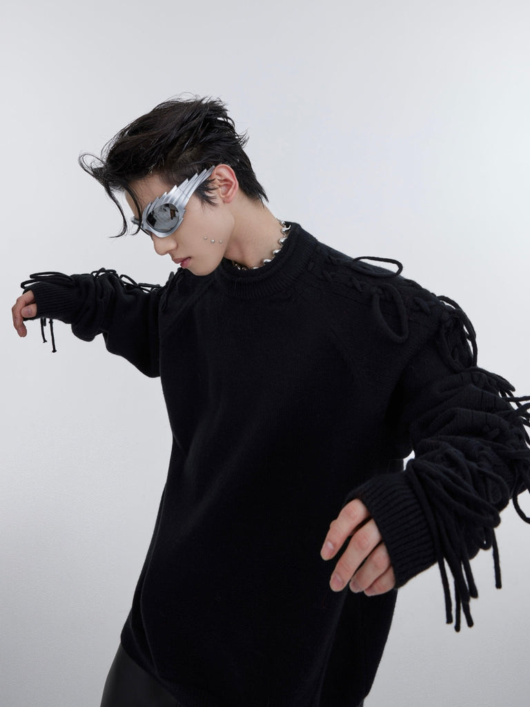 Deconstructed Fringe Design Crease Crease Neck Knit Sweater - Amazitshop