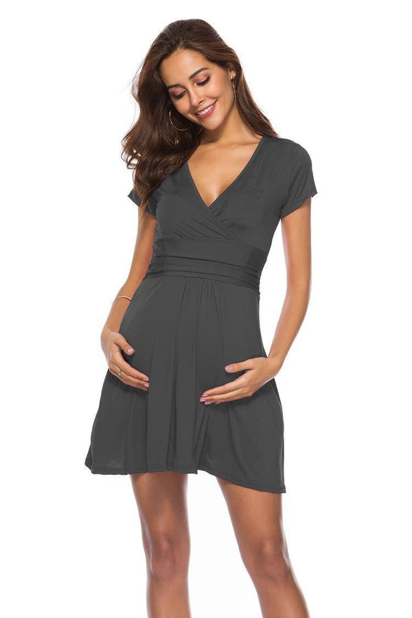 Deep V - Neck Maternity Short Sleeve Dress - Amazitshop
