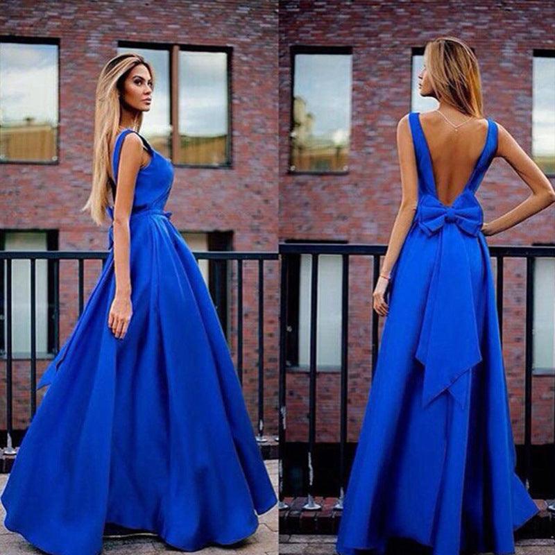 Deep V Neck Sleeveless Backless Bow Ball Evening Dress - Amazitshop