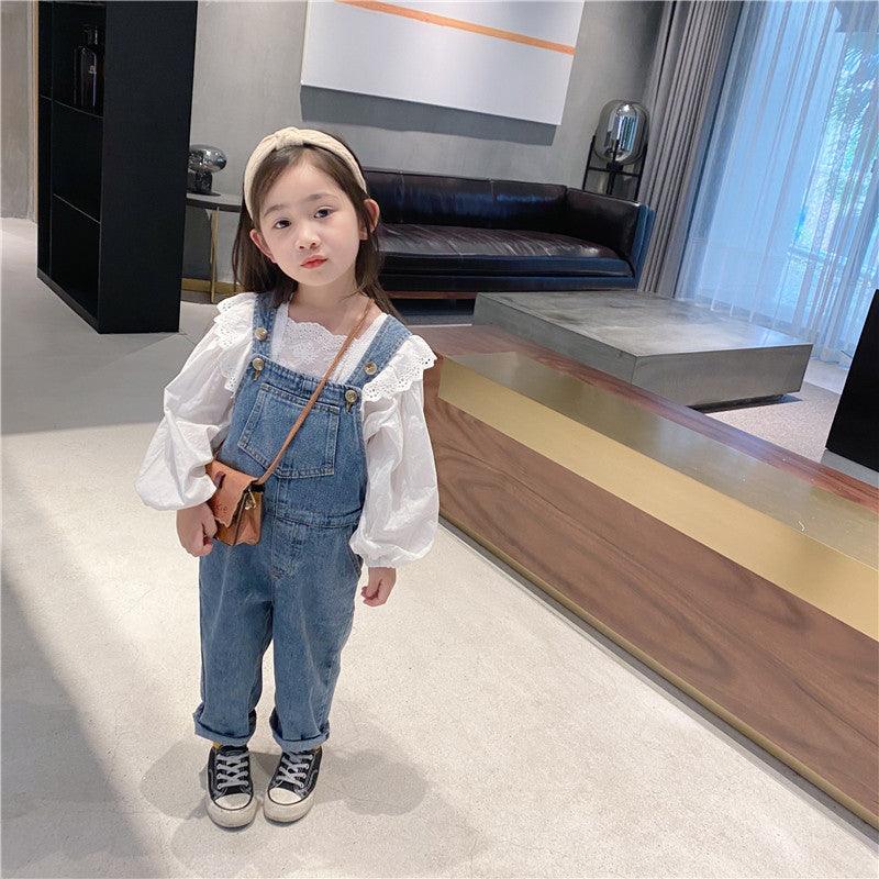 Denim overalls long - sleeved lace shirt Korean suit - Amazitshop