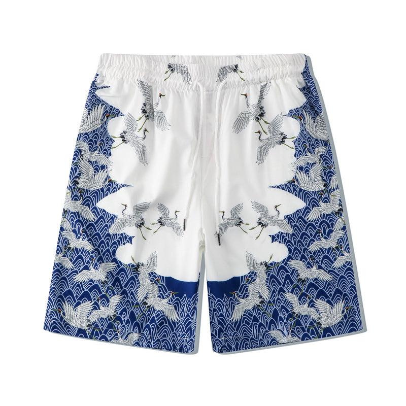 Digital Printed Crane Blue And White Loose Short Sleeve Shirt - Amazitshop