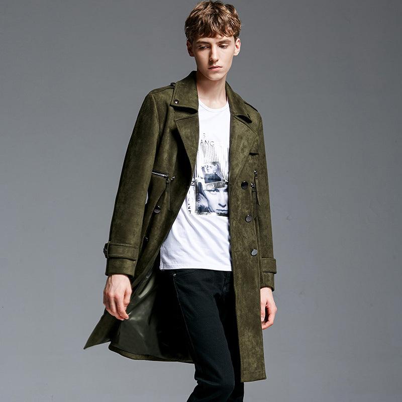 Double Breasted Suede Trench Coat For Men Mid - length Coat Plus Size - Amazitshop