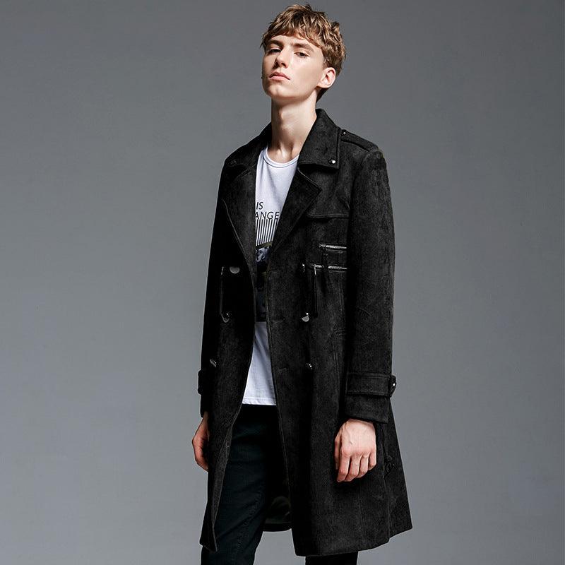 Double Breasted Suede Trench Coat For Men Mid - length Coat Plus Size - Amazitshop