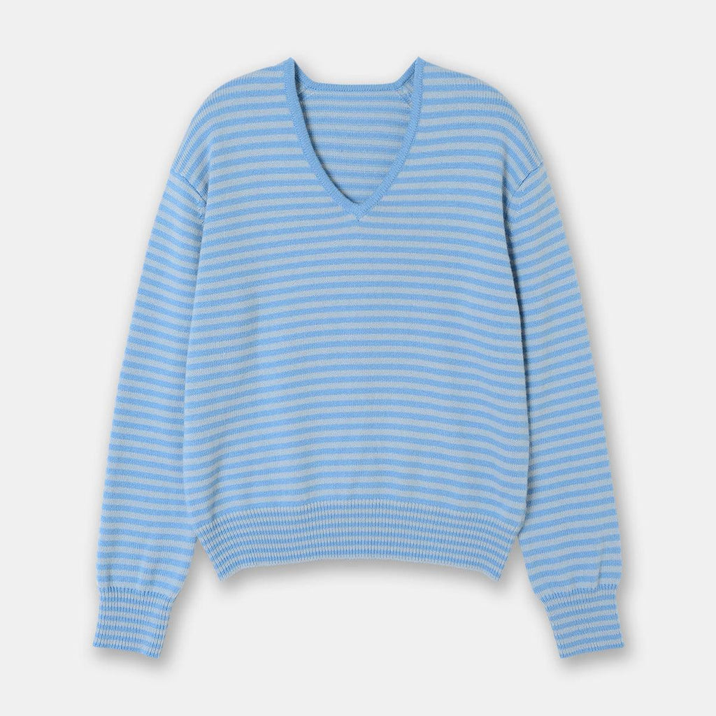 Drop - shoulder Sleeve Thin Woolen Sweater Ultra - fine Mernu Wool V - neck Striped Knitted Top - Amazitshop