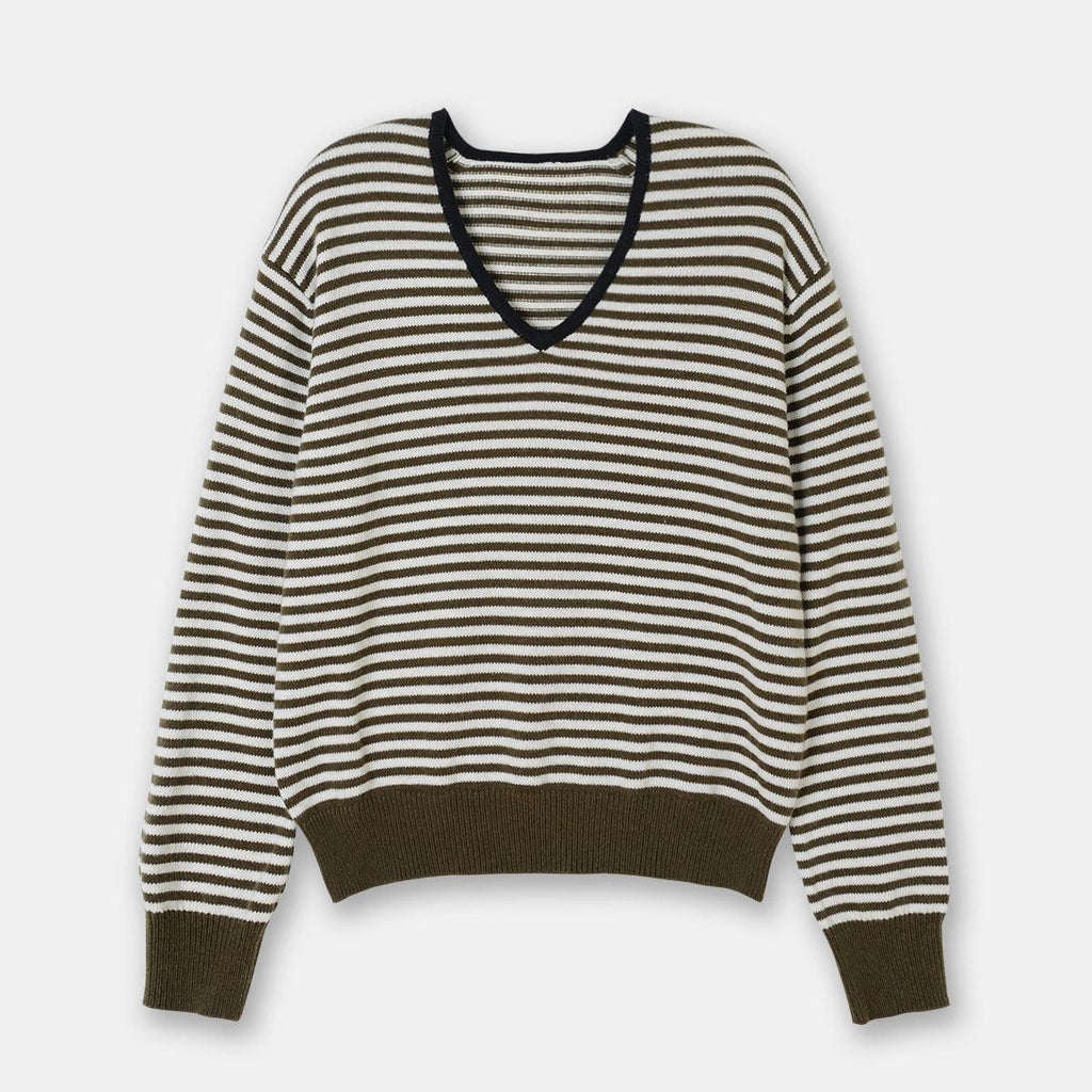 Drop - shoulder Sleeve Thin Woolen Sweater Ultra - fine Mernu Wool V - neck Striped Knitted Top - Amazitshop