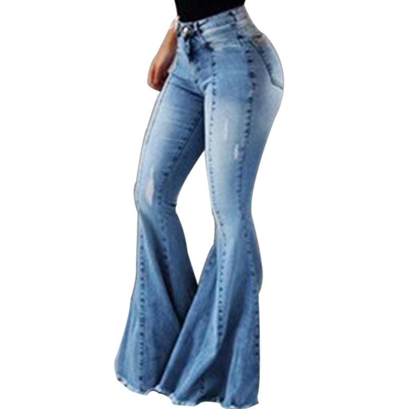 Elastic High Waist Ripped Denim Bell - bottom Pants Women - Amazitshop