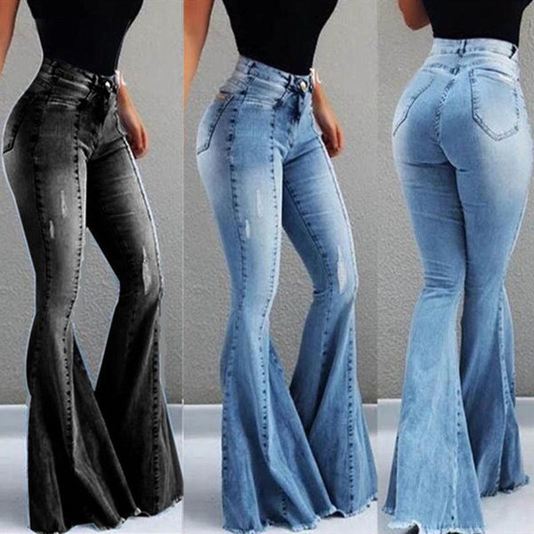 Elastic High Waist Ripped Denim Bell - bottom Pants Women - Amazitshop