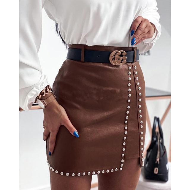 Elegant Fashion Rivets PU Leather Skirts Women - Amazitshop