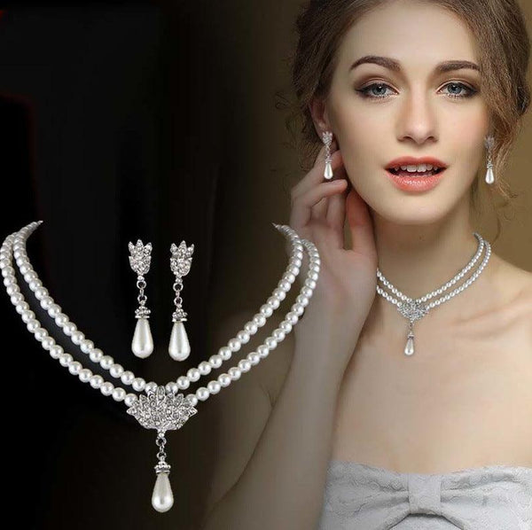 Elegant Pearl and Crystal Necklace Set with Earrings - Amazitshop