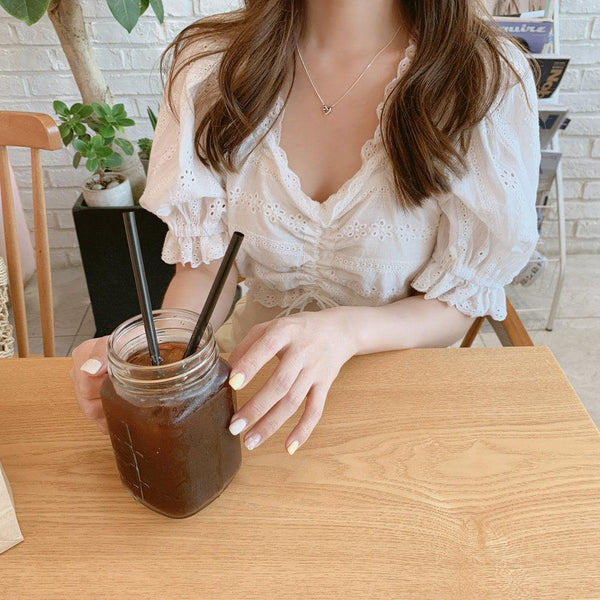 Embroidered crochet pleated short shirt - Amazitshop