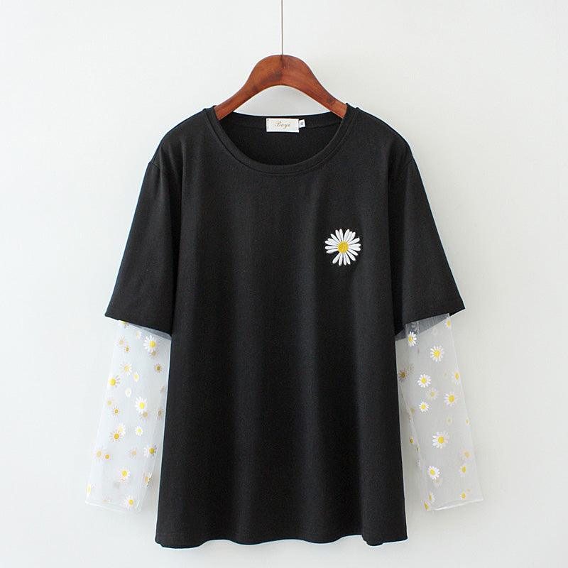 Embroidered mesh stitching top T-shirt - Amazitshop