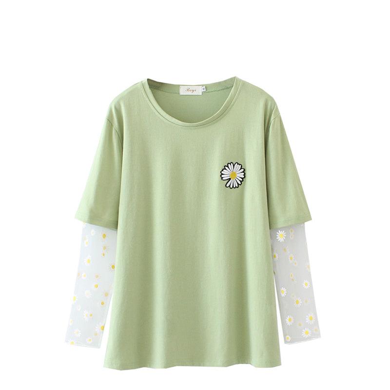 Embroidered mesh stitching top T-shirt - Amazitshop