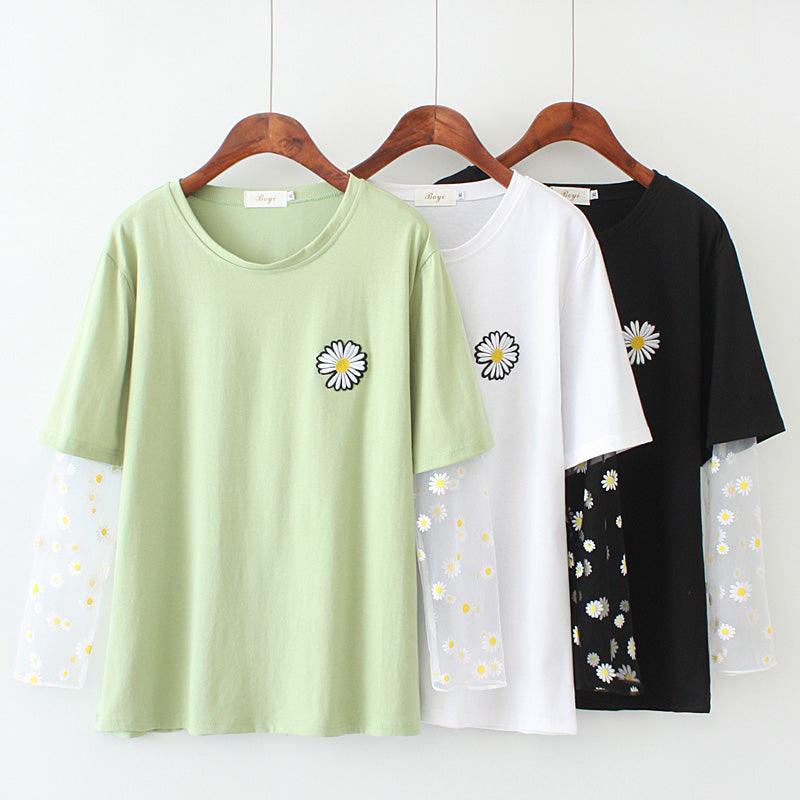 Embroidered mesh stitching top T-shirt - Amazitshop