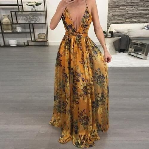 European and American deep V - neck back chiffon dress - Amazitshop