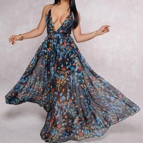 European and American deep V - neck back chiffon dress - Amazitshop